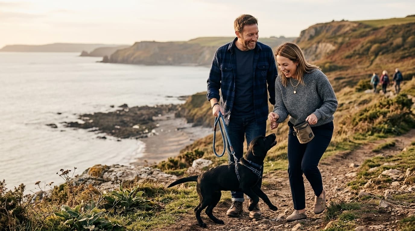 A couple walking their dog along a coastal trail