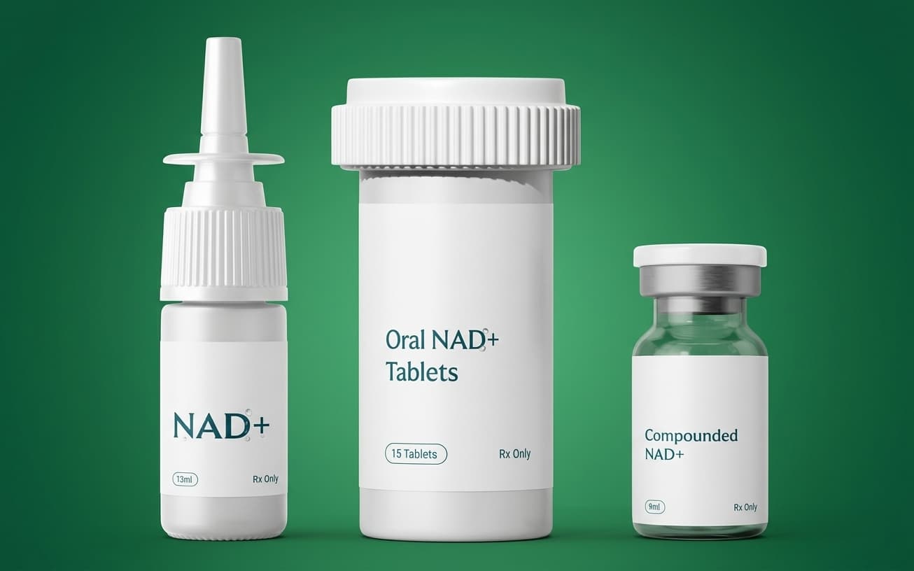 NAD+ nasal spray, oral tablets, and injectable vial from Bold You Wellness